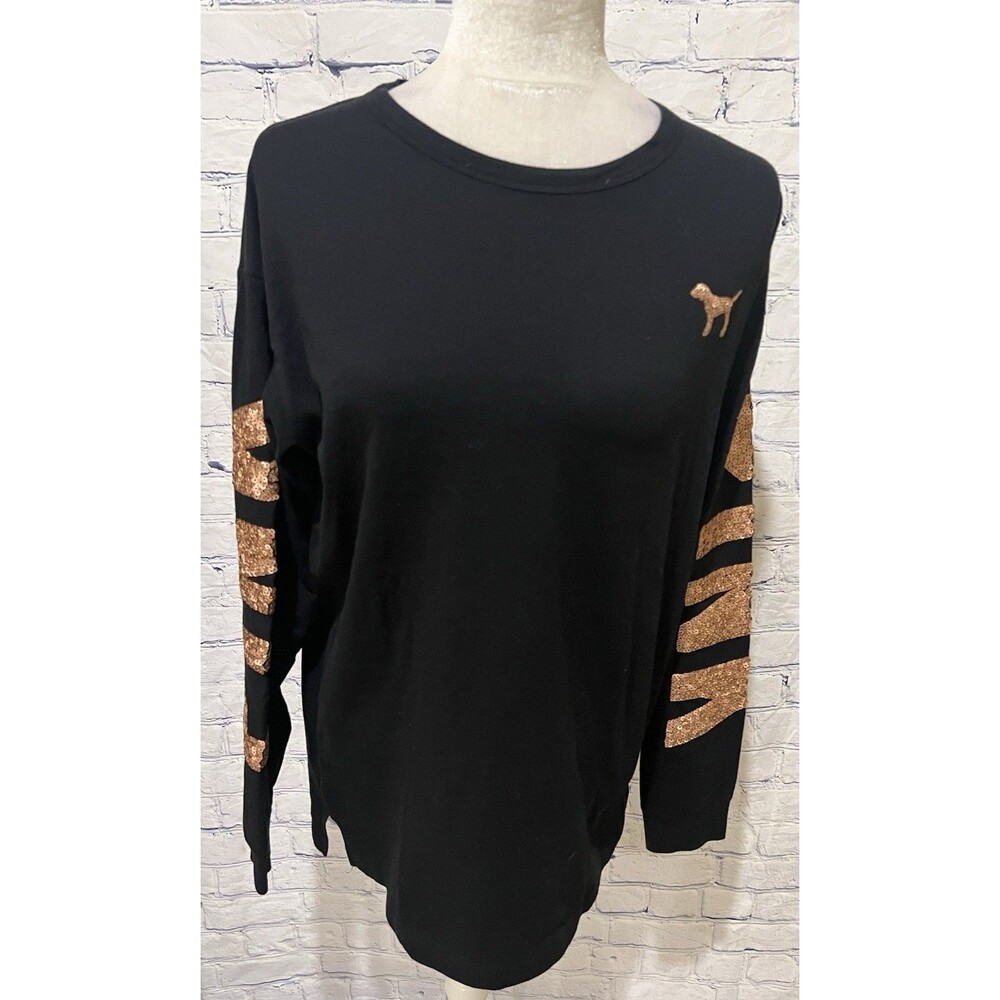 Victoria's Secret Pink Black Top With Gold Sequins, Open Back, Dog Logo Small